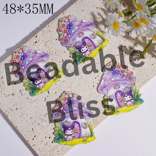 Mushroom House Acrylic Pendants with Adorable Characters Rose Flower Green Plants, 48*35MM