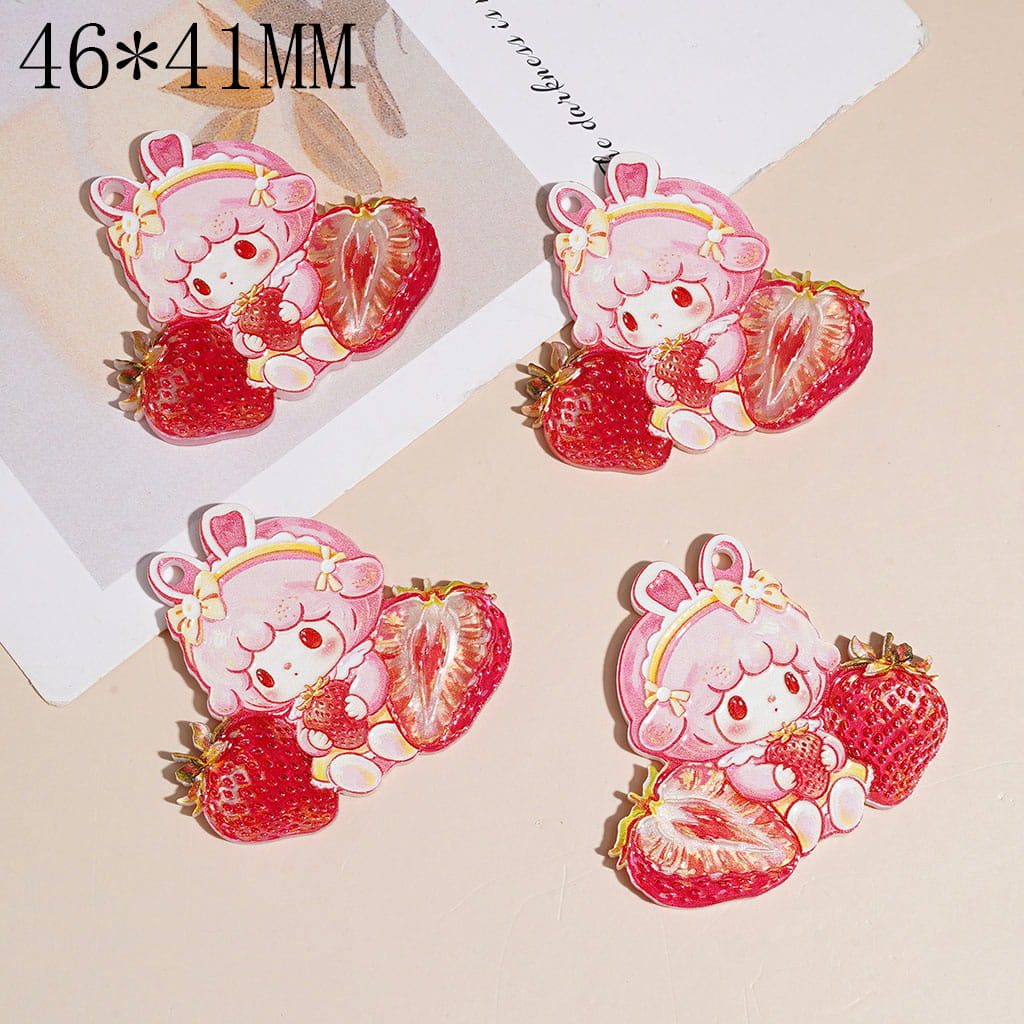 Acrylic Pendants Girl with Rabbit Hat and Bow Headband Holding Strawberry, 46*41MM