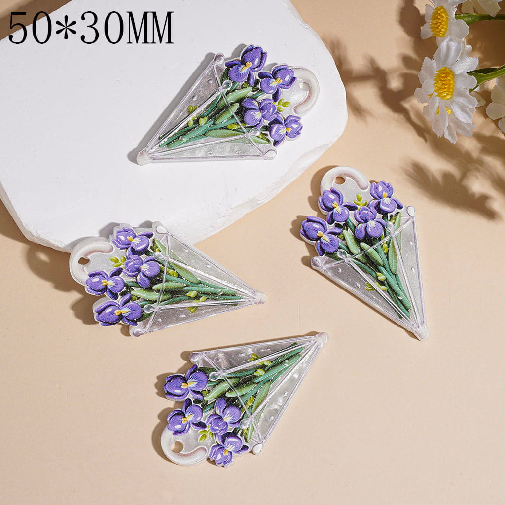 Umberlla with Purple Irises Flower and Green Leaf Acrylic Pendants 50*30MM
