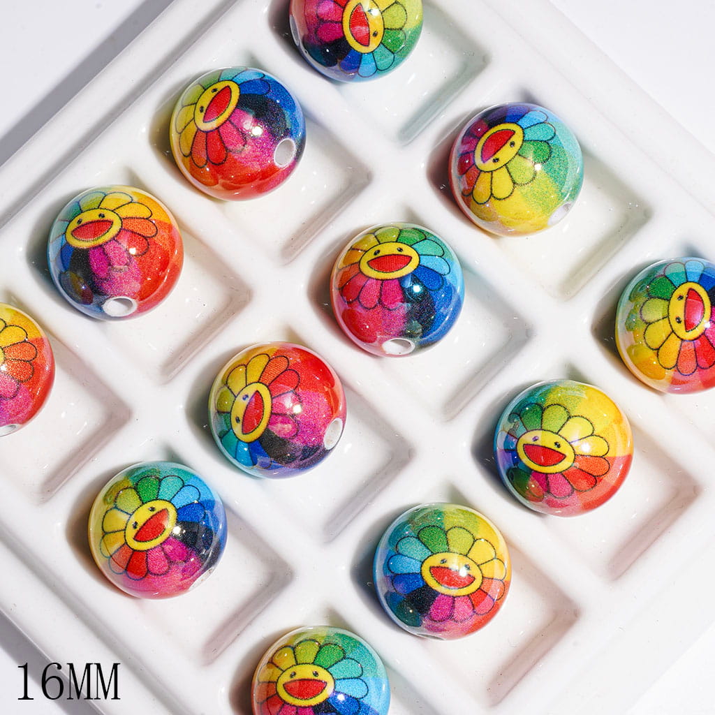 Rainbow Acrylic Beads for Bracelets with Smiling Sun Flower, UV Finish, 16MM