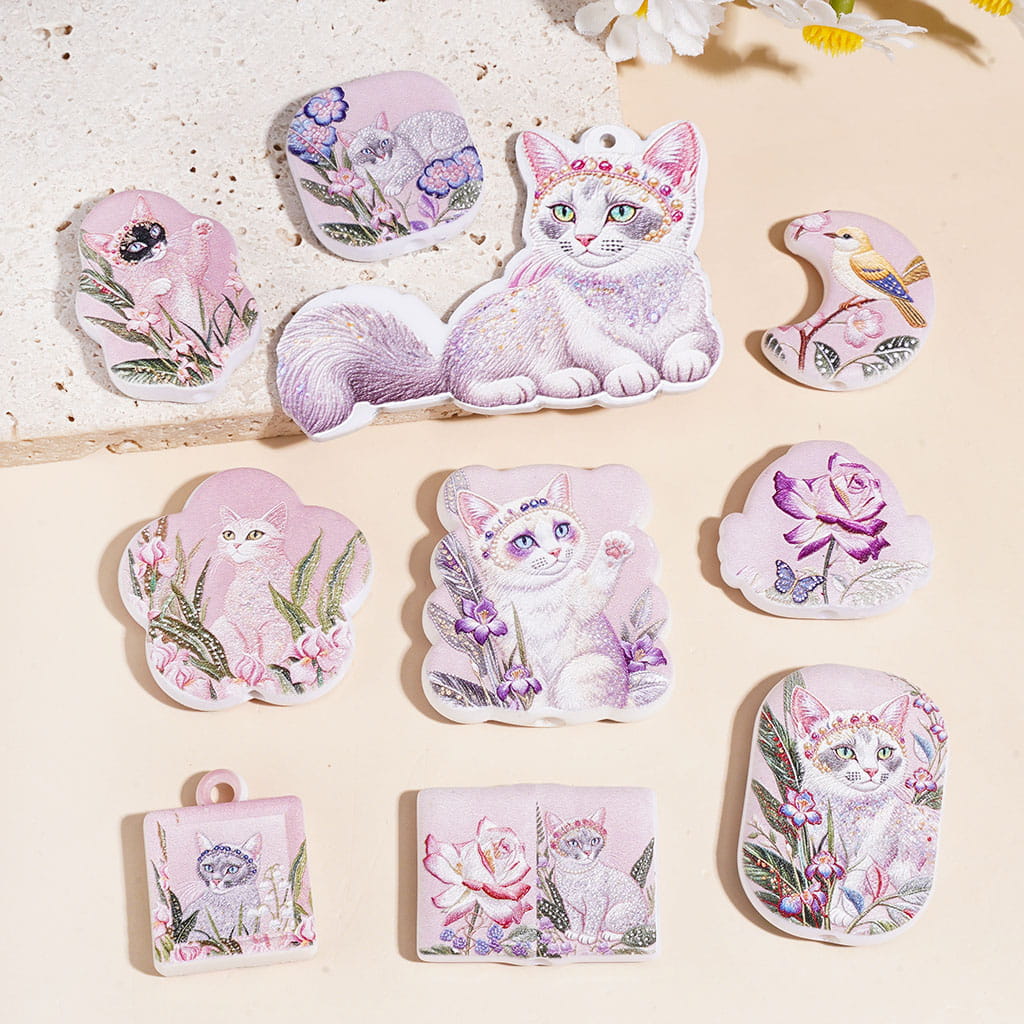 Pink Purple Cute Cat Flower Bird Series Acrylic Beads and Pendants, Random Mix