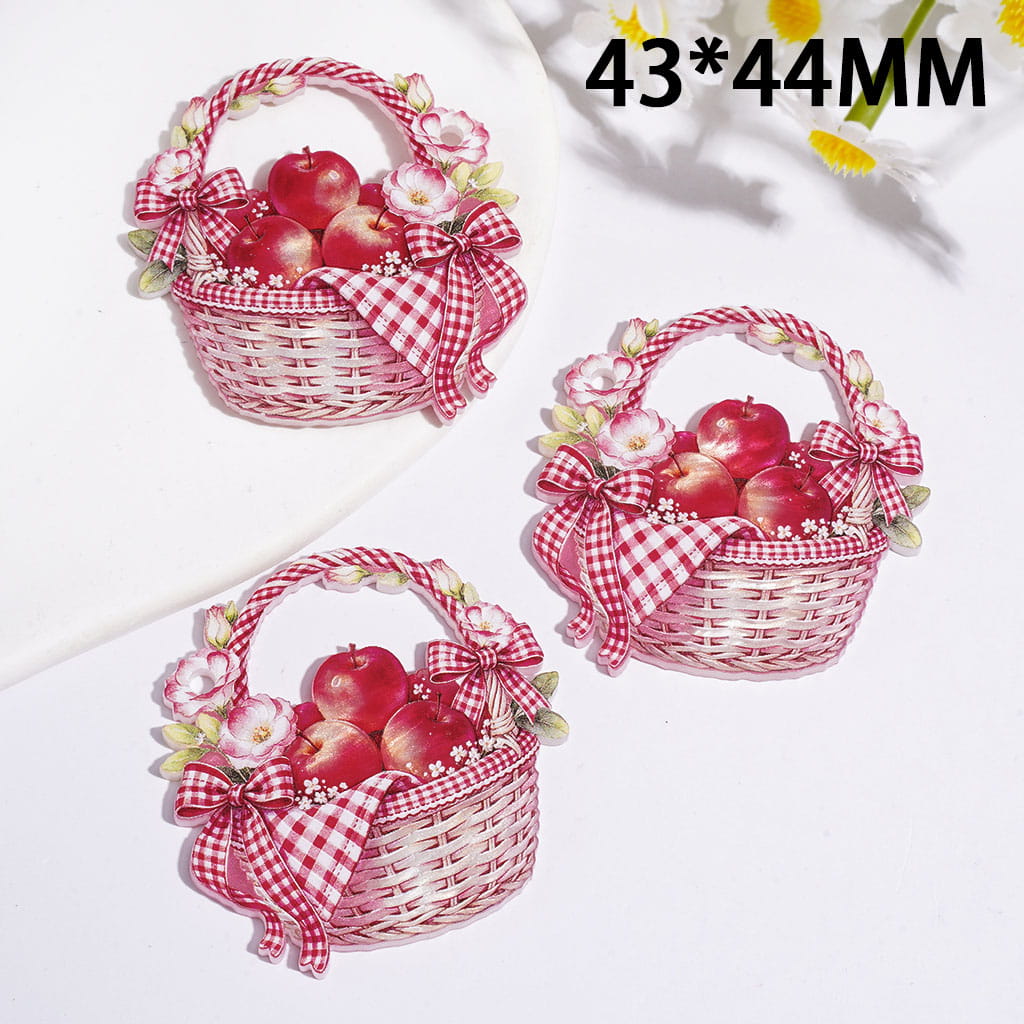 Basket Acrylic Pendants with Apples Bow & Flowers in Pink Red, 43*44MM
