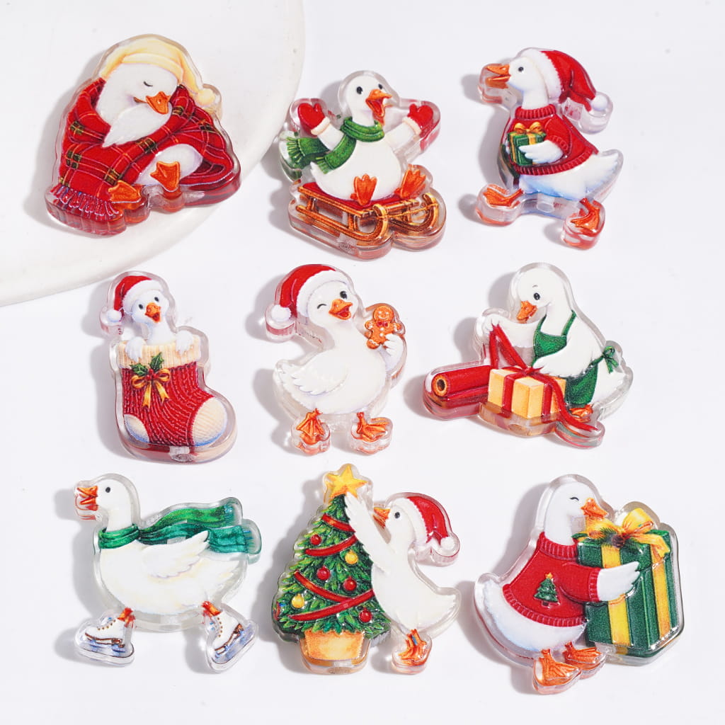 Semi-Clear Acrylic Beads Diverse Design Goose in Christmas Theme, Random Mix