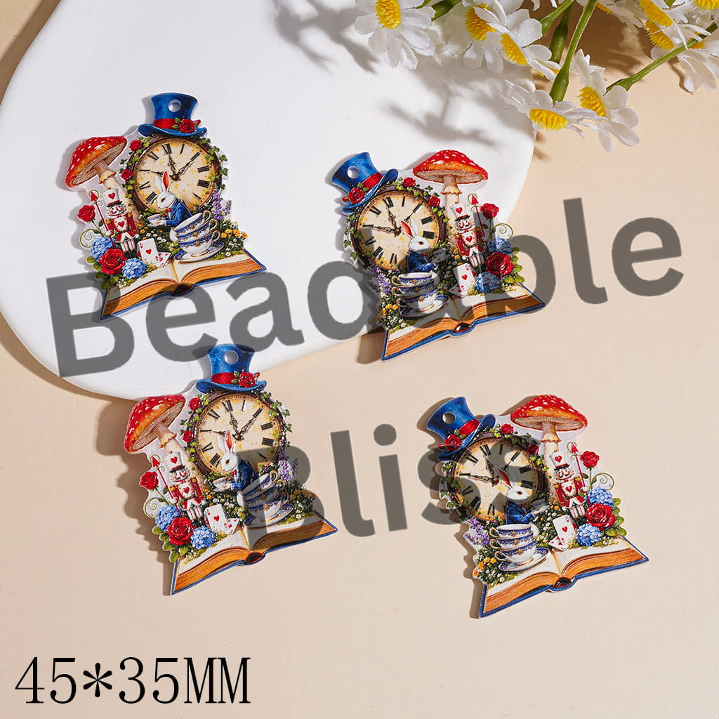 Book Acrylic Pendants with Mushroom Clock Rabbit Plants Bowls, 45*35MM