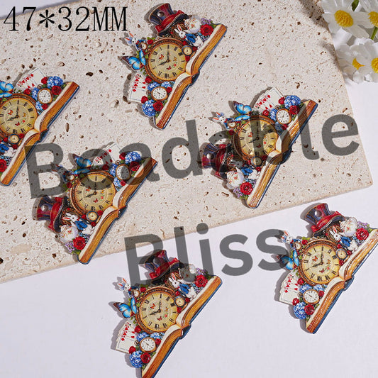 Book with Clock Rabbit Butterfly Poker Floral Acrylic Pendants, 47*32MM
