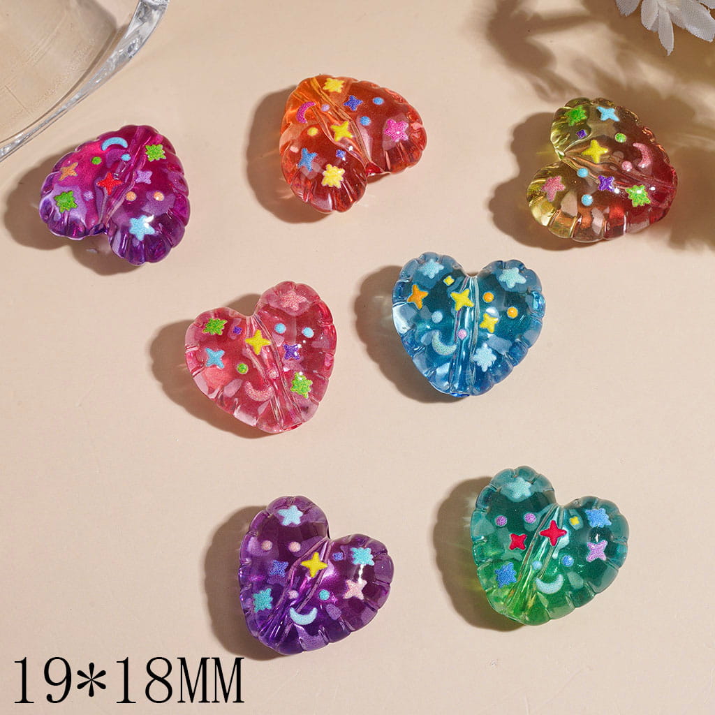 Acrylic Beads Heart with Mini Dots Star Moon, 19*18MM Multi-Color Random Mix