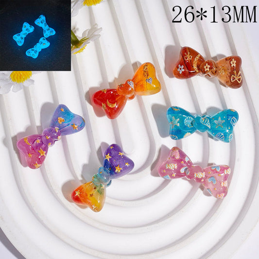Acrylic Beads Luminous Bowtie with Heart Flower Candy Star Marine Life Prints, Gradient Colors, 26*13MM, Random Mix