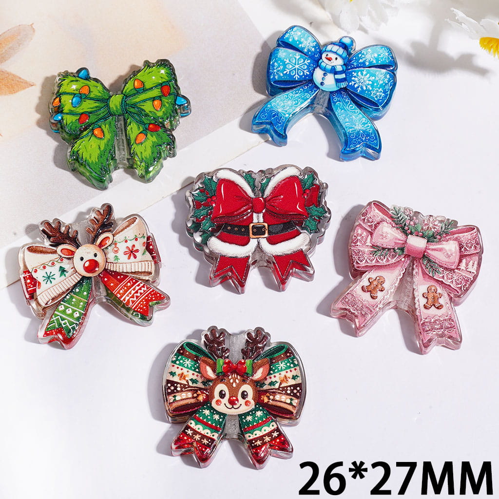 Acrylic Beads Bowknot with Christmas Tree Lights Snowmen Santa Belt Reindeer Gingerbread Man, 26*27MM  Random Mix