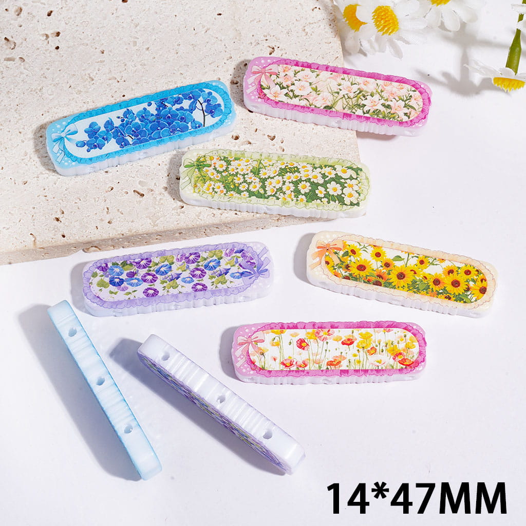 Flower Printed Rectangle Acrylic Beads, Three Holes, 14*47MM Random Mix Multi-Color