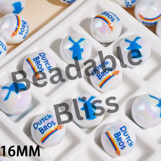 UV Coated Acrylic Beads for Bracelets Blue Windmill Coffee Theme, 16MM, Random Mix