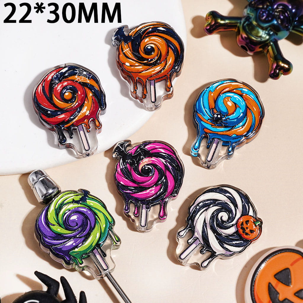 Lollipop with Spider Web Bat Pumpkin & Colorful Spiral Pattern Acrylic Beads, Halloween Series, 22*30MM Random Mix