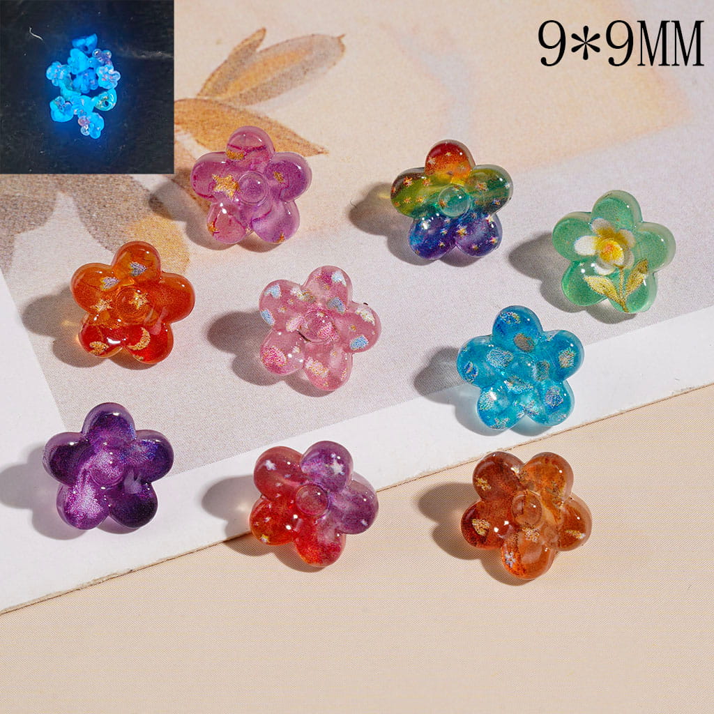 Acrylic Beads Luminous Five-Petaled Flower with Star Moon Flower Bowknot Marine Life, Translucent Color, 9*9MM Random Mix