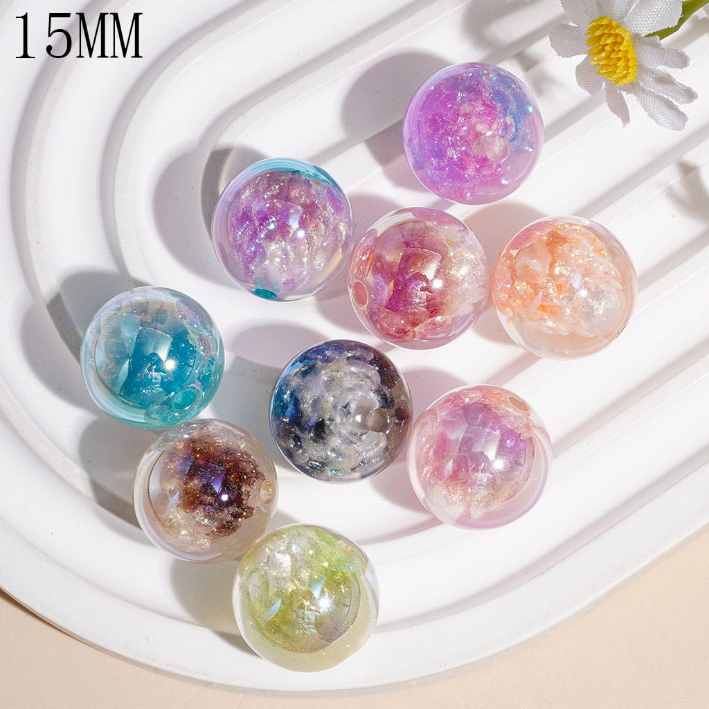 Dreamy Gradient Style Acrylic Beads for Bracelets with Lotus Bud and Glitter Embedded Inside, 15MM, Random Mix