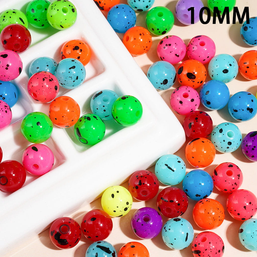 Black Ink-Splash Spots Printed Acrylic Beads for Bracelets, Multi-Color, 10MM, Random Mix