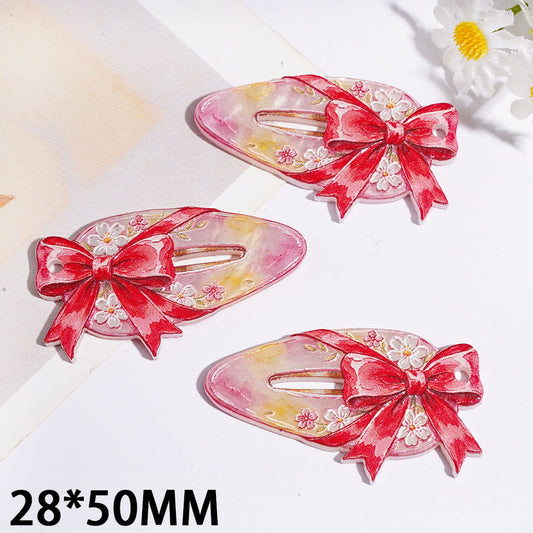Hair Clip with Red Bow and Floral Print Acrylic Pendants, 28*50MM