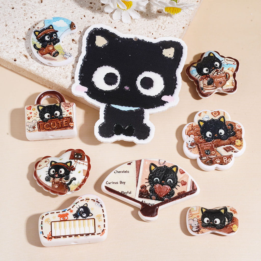 Black Kitten Theme Acrylic Beads and Pendants, Various Shapes, Random Mix