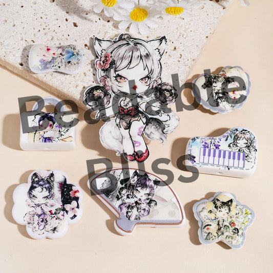 Acrylic Beads & Pendants Enchanting Fox Girl in Chinese Ink-Wash Style, Random Mix