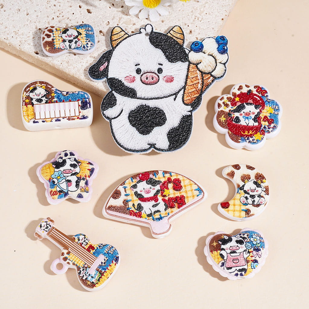 Embroidered Look Stitch Design Acrylic Beads and Pendants, Cute Dairy Cattle Print, Random Mix