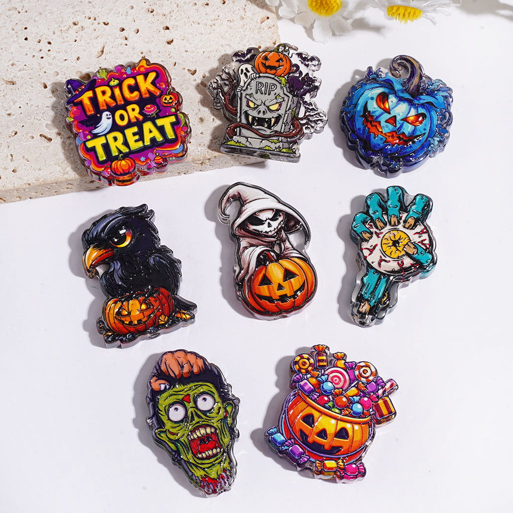 Halloween Acrylic Beads Mummy Zombie Candy Pumpkin Black Crow Tombstone, Semi-Clear, Random Mix
