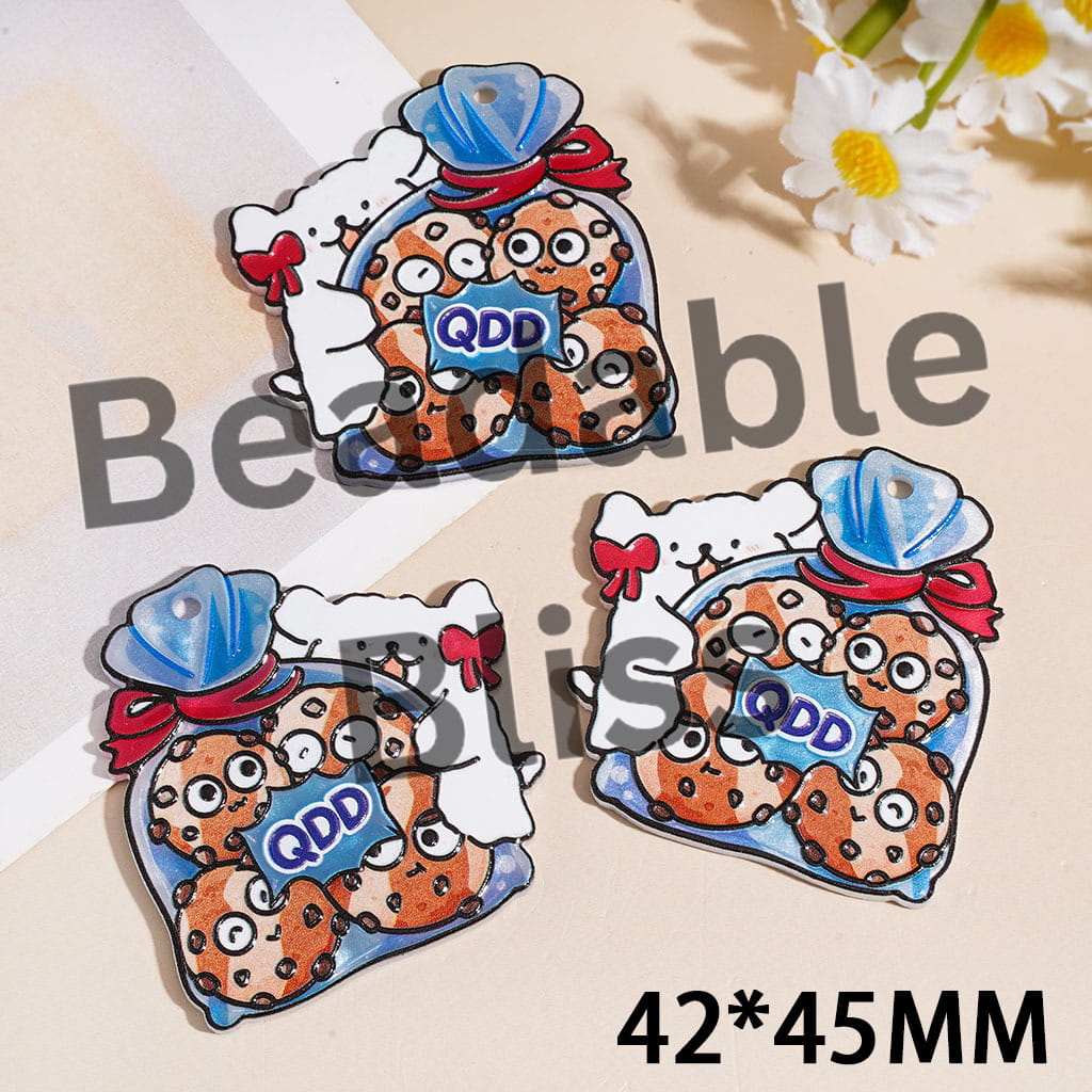 Acrylic Pendants Cute Line-Drawing Puppy Dog Holding Blue Cookie Bag, 42*45MM
