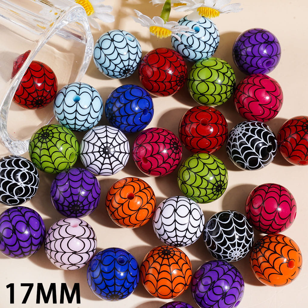 Acrylic Beads for Bracelets with Black Spider Web Mesh, 17MM, Multi-Color, Random Mix
