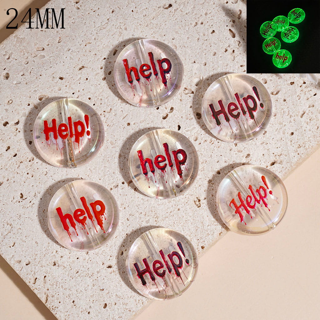 Acrylic Beads Luminous with Red Text "Help" Pattern, Clear, Flat Round Shape, 24MM Random Mix