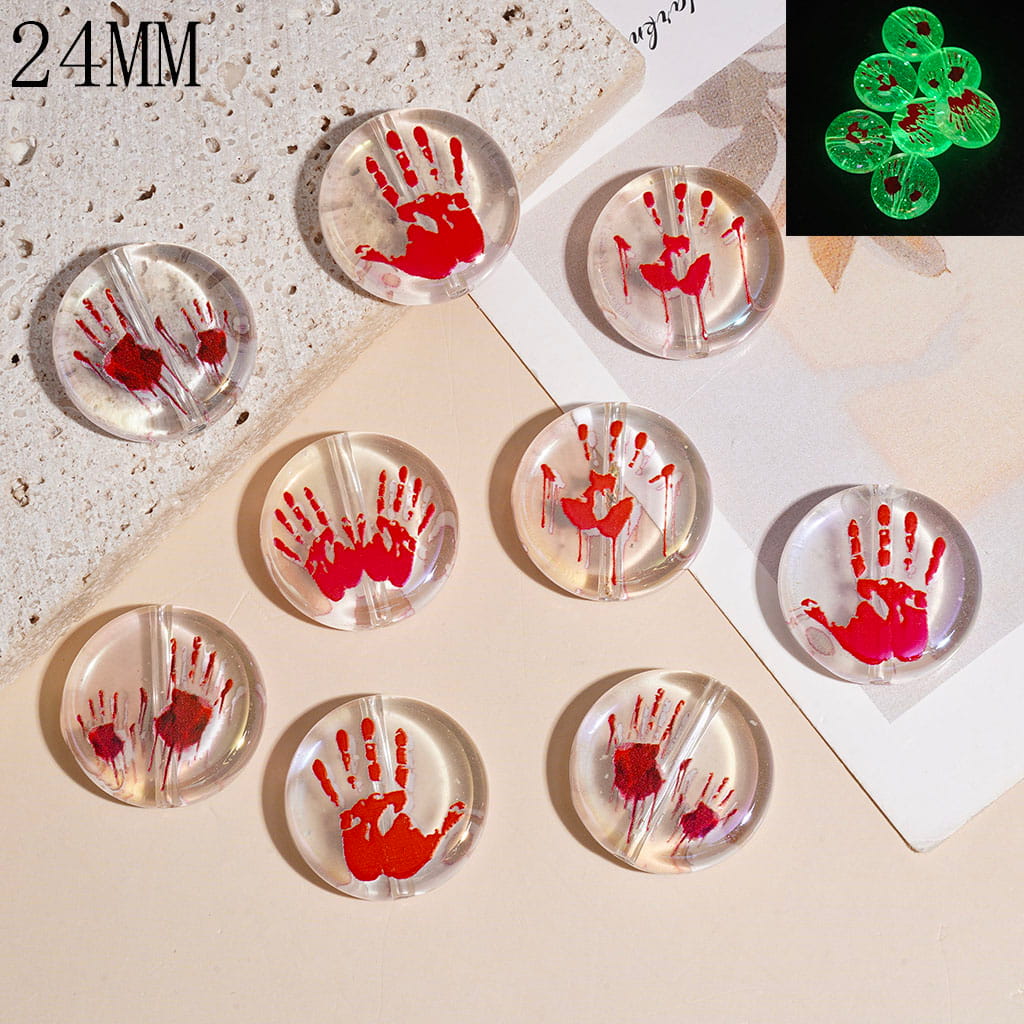 Acrylic Beads Luminous with Red Hand Prints, Transparent, Flat Round Shape, 24MM Random Mix