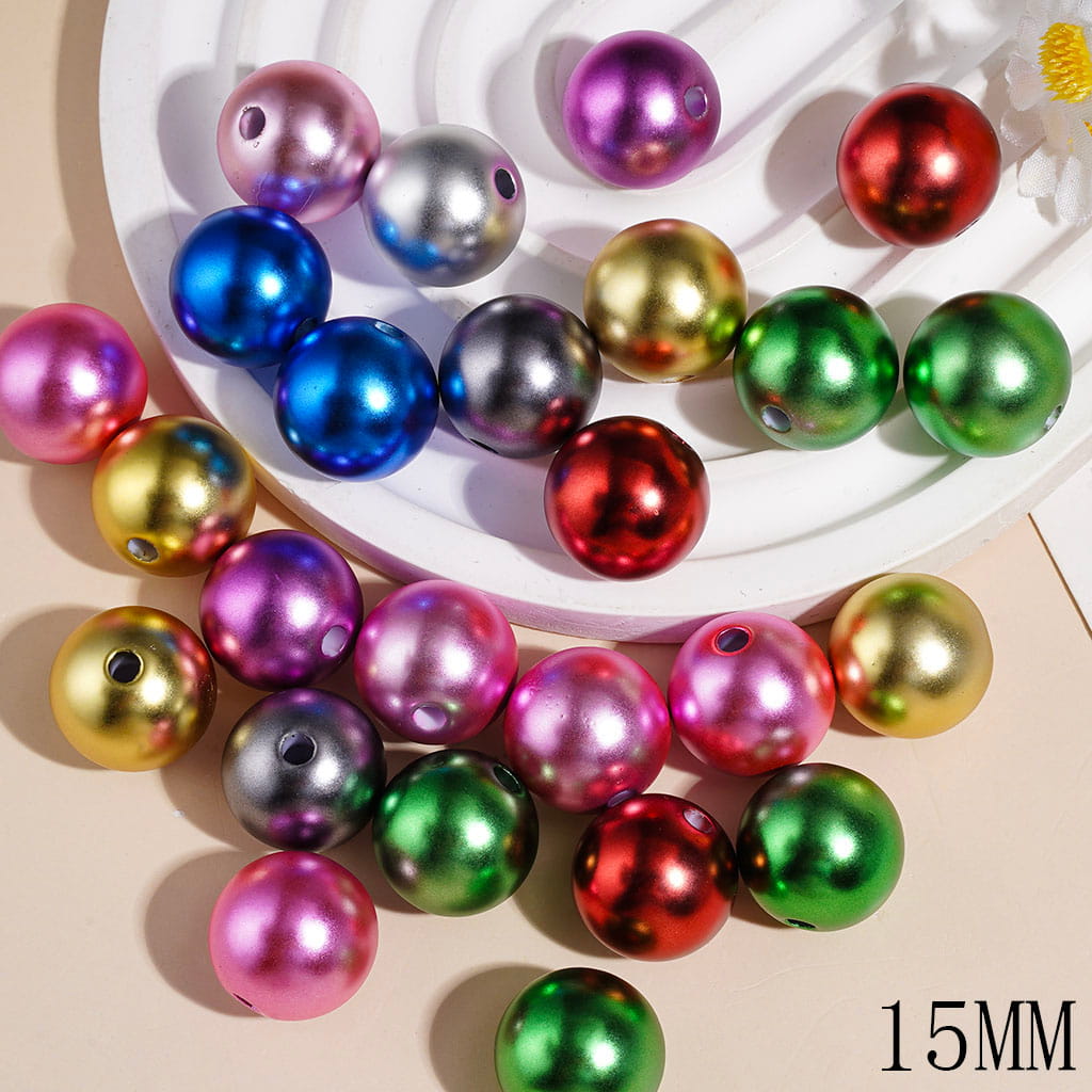 Acrylic Beads for Bracelets Matte Round in Metallic Colors, 15MM Random Mix