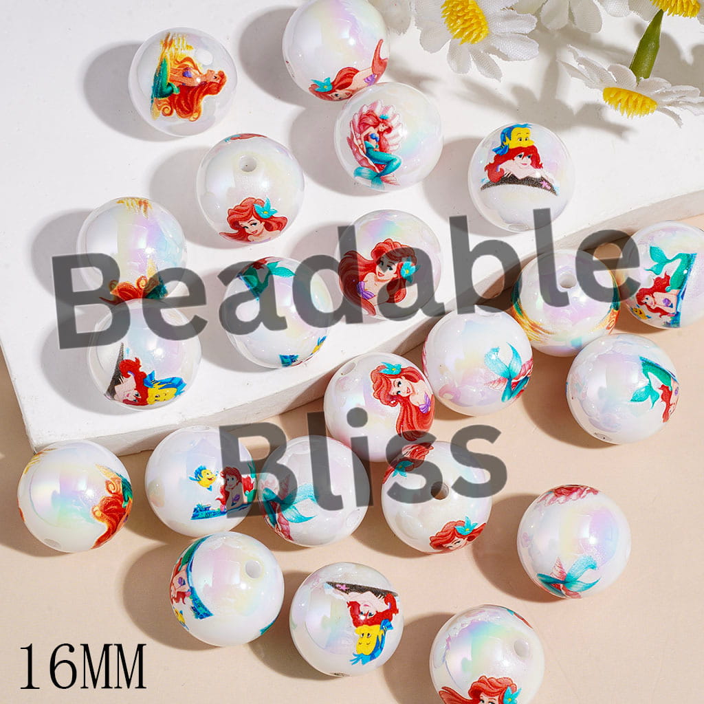 UV-Coated Acrylic Beads for Bracelets Red-Haired Mermaid Princess Character Series, 16MM Random Mix