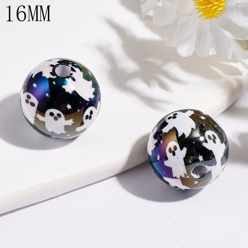 UV-Coated Acrylic Beads for Bracelets White Ghost Character Halloween Series, Black Background, 16MM