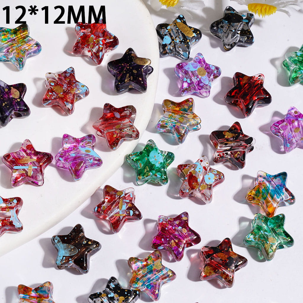 Acrylic Beads Mini Star with Splash-Ink Spots in Oil Painting Style, 12*12MM, Multi-Color, Random Mix (The Hole Diameter is Around 3.5MM)