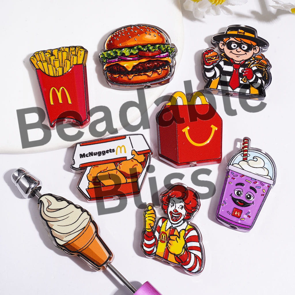 Acrylic Beads Classic Fast Food Series, Hamburger Soda Drink Cup Chips Ice-cream Clown, Random Mix