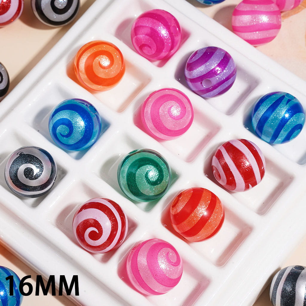 Acrylic Beads for Bracelets with Lollipop Swirl Stripes and Glitter, 16MM, Multi-Color, Random Mix