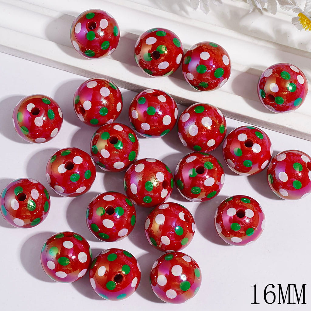 Christmas Red Round with White and Green Polka Dots UV Coating Acrylic Beads for Bracelets, 16MM