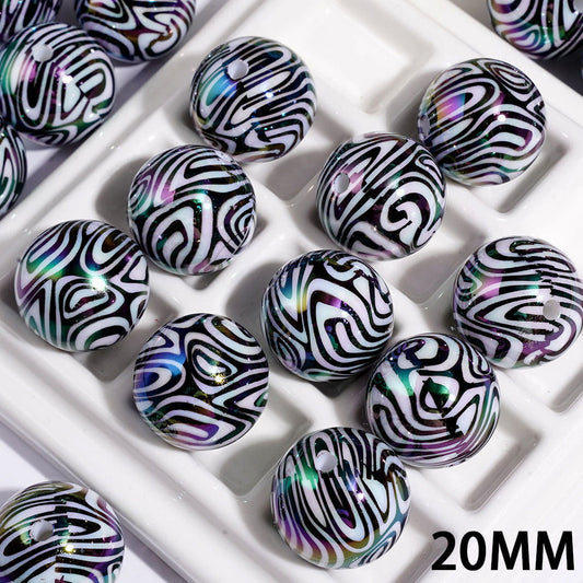 20MM - UV Coating Acrylic Beads for Bracelets with Black and White Swirl Zebra Stripe Print Design