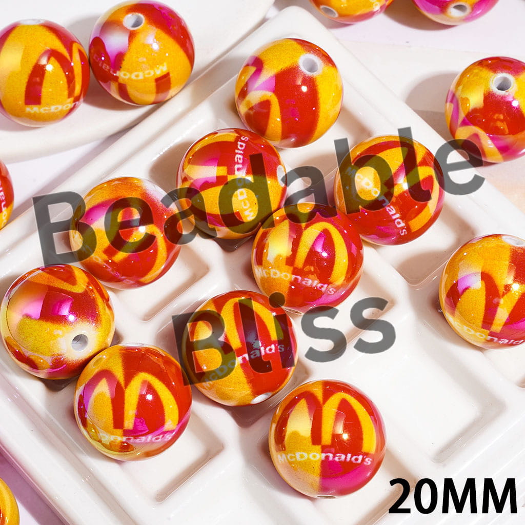 UV Coating Acrylic Beads for Bracelets with Red Fast Food Sign Design, Yellow Background, 20MM