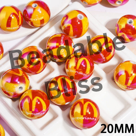 UV Coating Acrylic Beads for Bracelets with Red Fast Food Sign Design, Yellow Background, 20MM