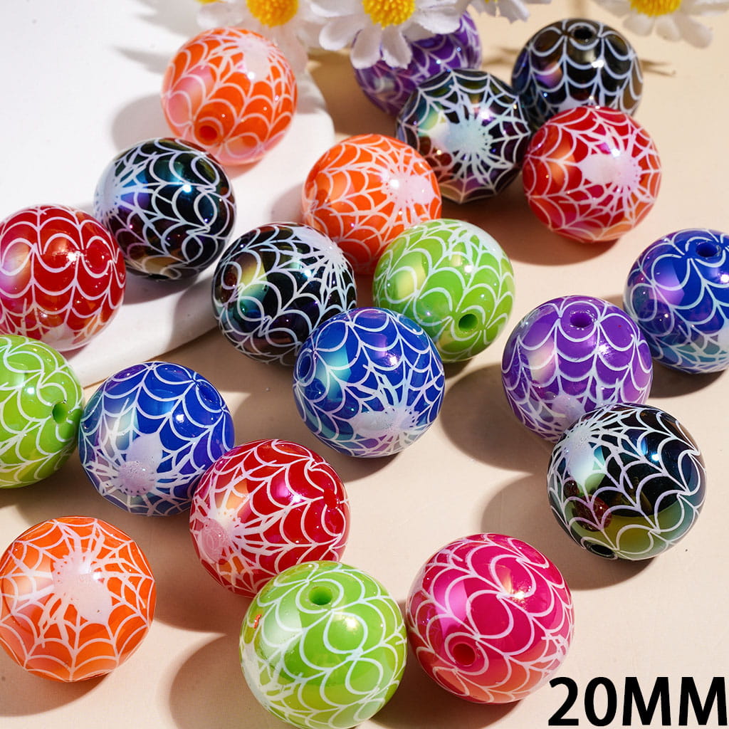White Spider and Web Mesh Patterns UV Coating Acrylic Beads for Bracelets, 20MM, Multi-Color, Random Mix