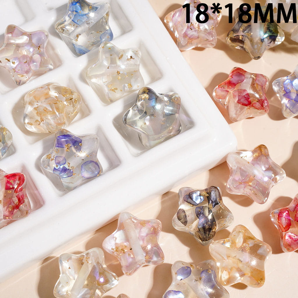 Acrylic Beads Star with Broken Shell Flake and Gold Foil Paper, 18*18MM, Clear, Multi-Color, Random Mix