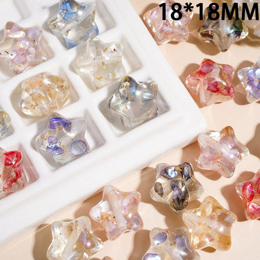Acrylic Beads Star with Broken Shell Flake and Gold Foil Paper, 18*18MM, Clear, Multi-Color, Random Mix