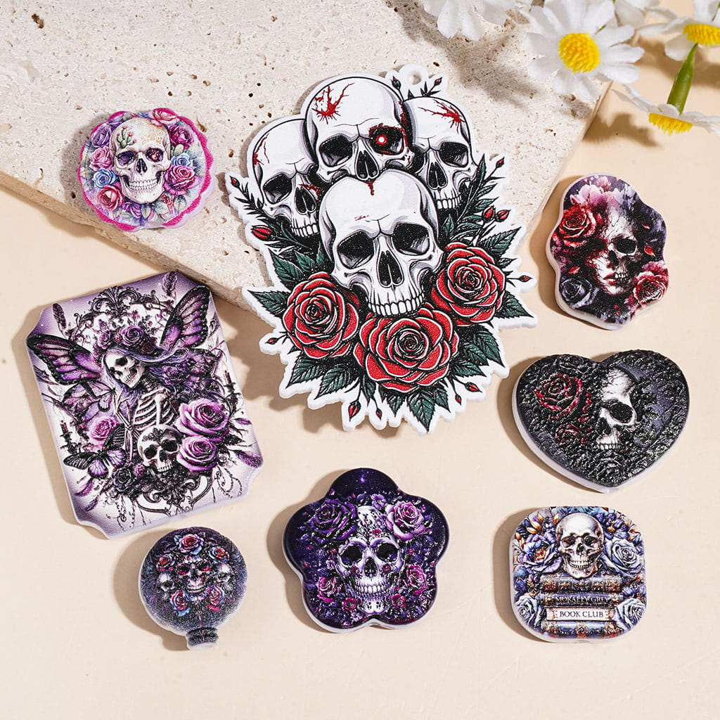 Acrylic Beads and Pendants Halloween Skull Rose Flower Butterfly, Random Mix
