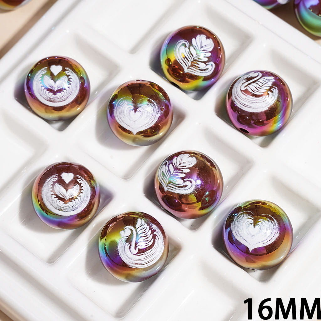 Latte Art Patterns in Coffee Theme UV Coating Acrylic Beads for Bracelets, 16MM, Random Mix