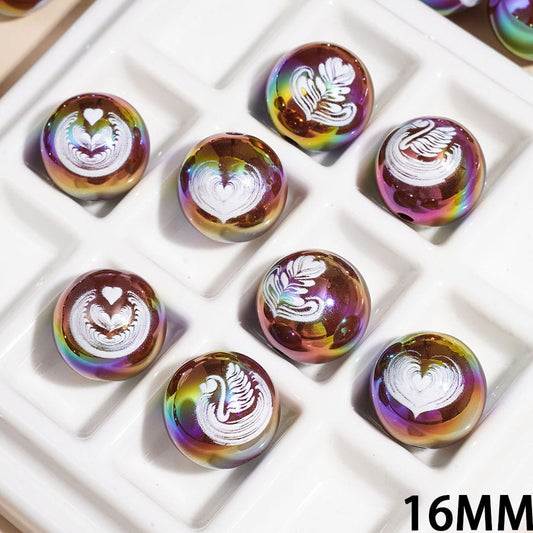Latte Art Patterns in Coffee Theme UV Coating Acrylic Beads for Bracelets, 16MM, Random Mix