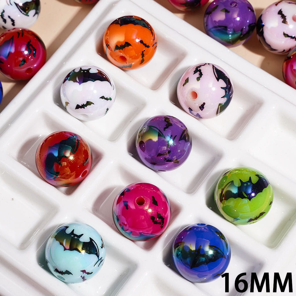 Acrylic Beads for Bracelets UV Coating Halloween Black Bat, 16MM, Multi-Color, Random Mix