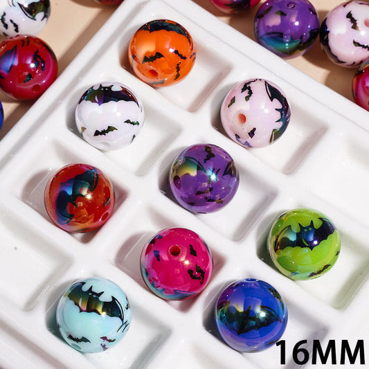 Acrylic Beads for Bracelets UV Coating Halloween Black Bat, 16MM, Multi-Color, Random Mix