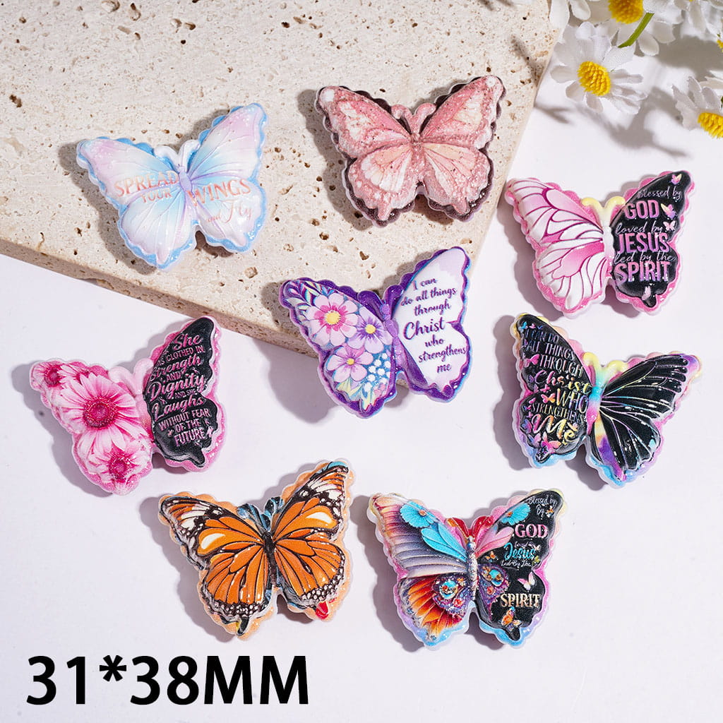 Vibrant Butterfly with Flower and Word Text on Wings, 31*38MM, Random Mix