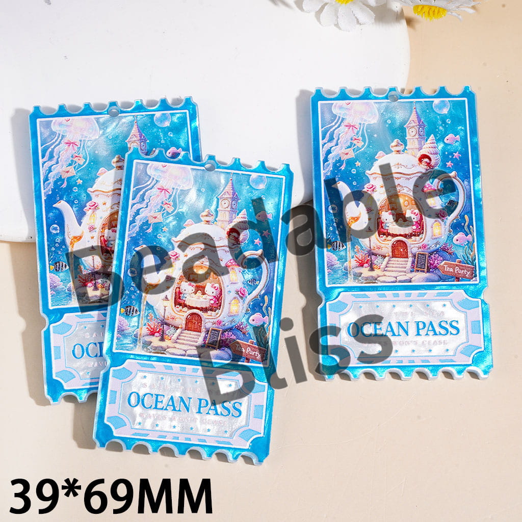 Acrylic Pendants Ocean Teapot Series Stamps with Cute Cat Jellyfish Fish Coral Conch Bell Tower, 39*69MM
