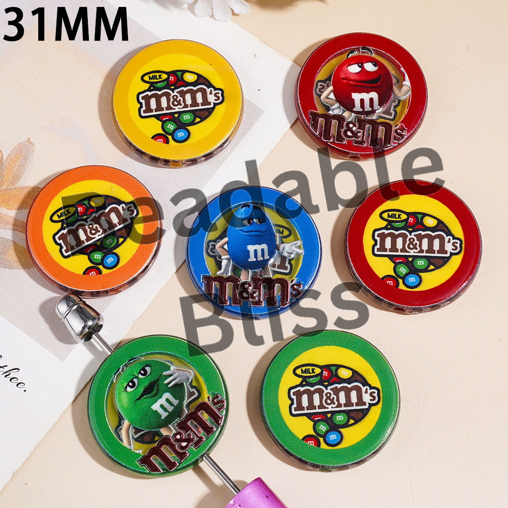 Candy Chip Style in Various Face Expressions Designs Series Acrylic Beads, 31MM Random Mix Multi-Color Flat Round Shape