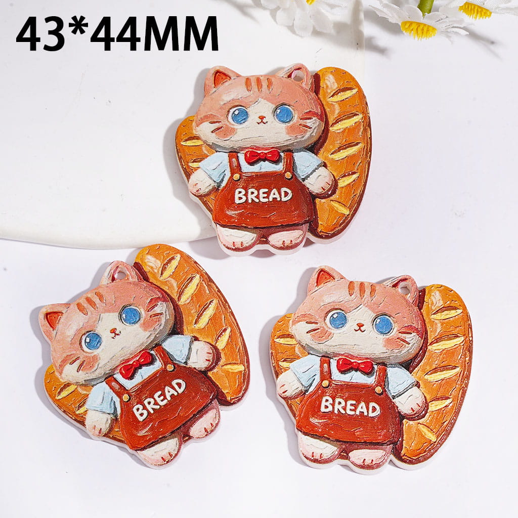 Acrylic Pendants Bread and Cat Wearing Apron, 43*44MM