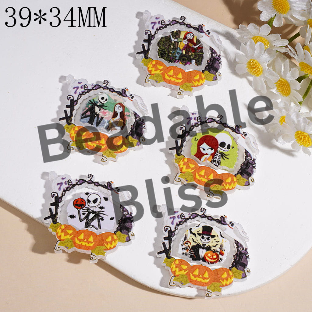 Halloween Theme Acrylic Beads Red Hair Girl and Boy Skeleton Skull Couple Character Horror Pumpkin Ghost Frame, 39*34MM Random Mix (Please Read Description)